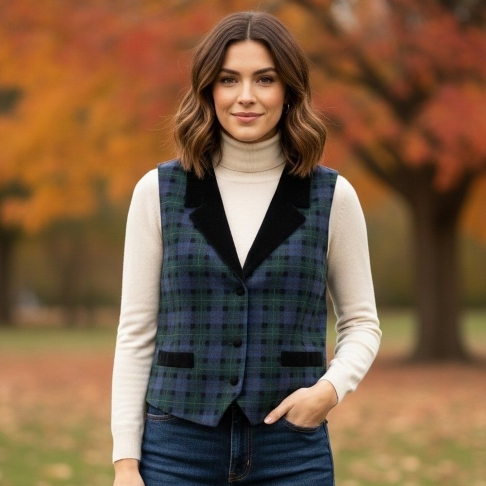 VTG Talbots Tartan Plaid Waistcoat Velvet Vest Women's M Academia Retro Classic